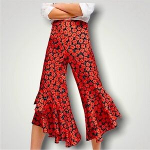 Anthropologie Red Floral Wide-Leg Pants